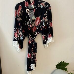 Floral Kimono Robe Dress - Black and Pink